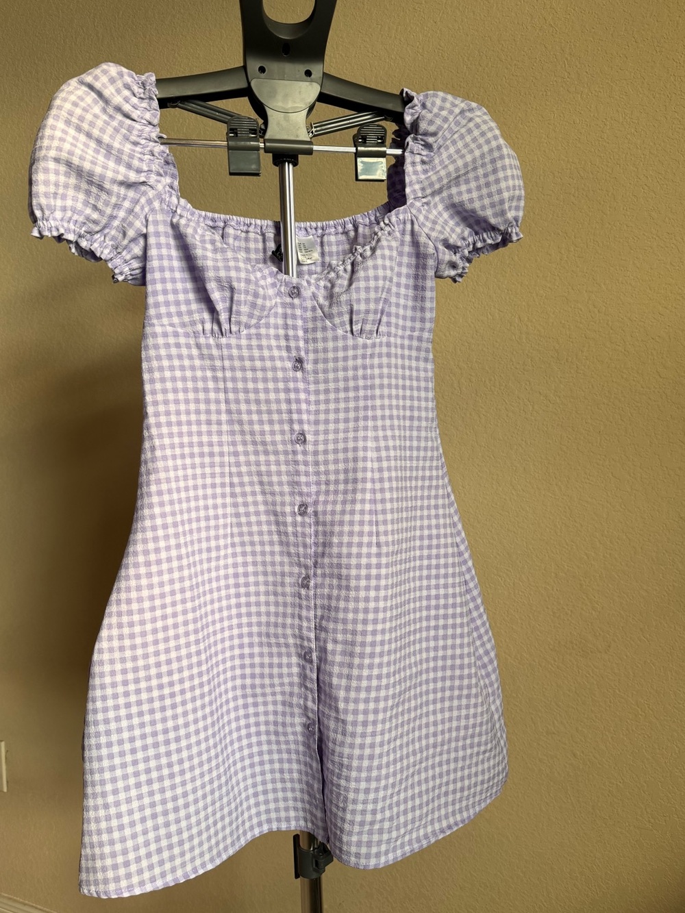 Divided Lavender Gingham Puff-Sleeve Mini Dress